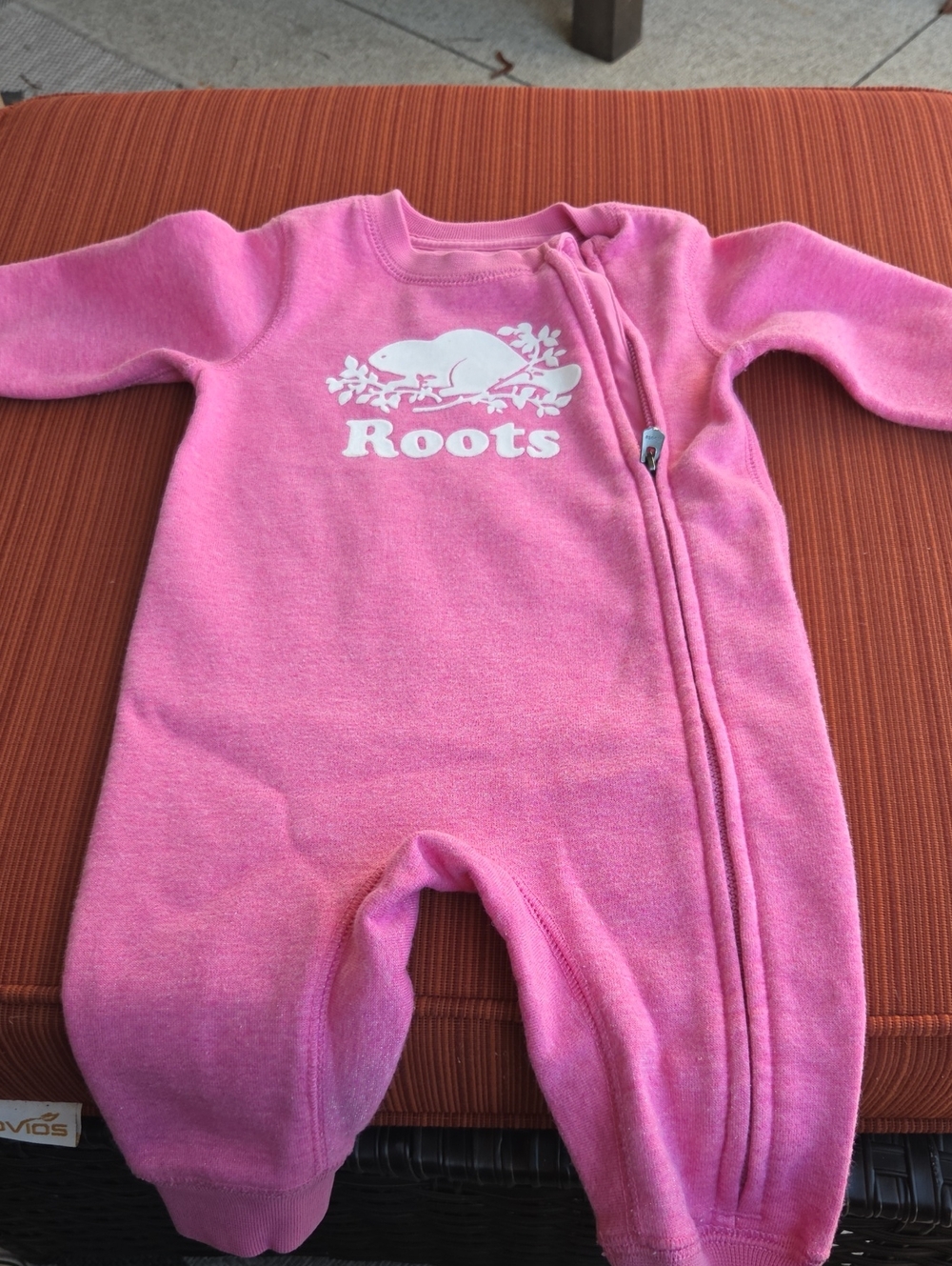 Roots Pink Baby Footed One-Piece with White Logo